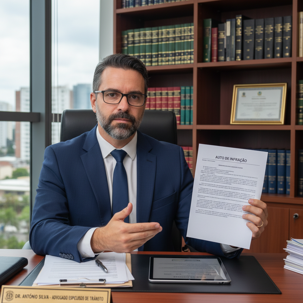 Foto profissional de um advogado especialista em recursos de multas de trânsito, analisando documentos e um auto de infração, transmitindo confiança e seriedade.